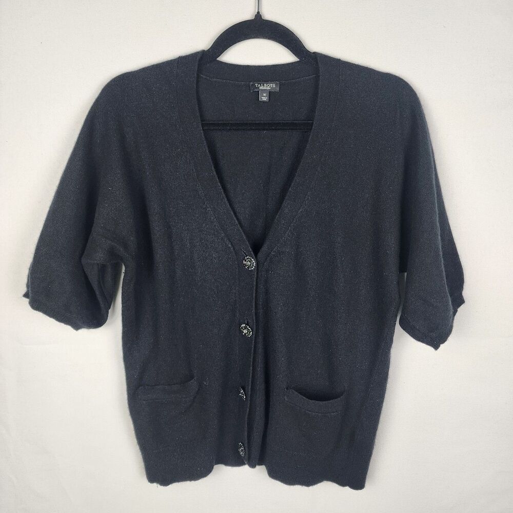 Talbots Cardigan Sweater Womens Medium Black Short Sleeve Lambswool Cashmere
